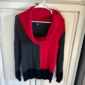 Women’s gray and red and black sweater. Very nice long neck.